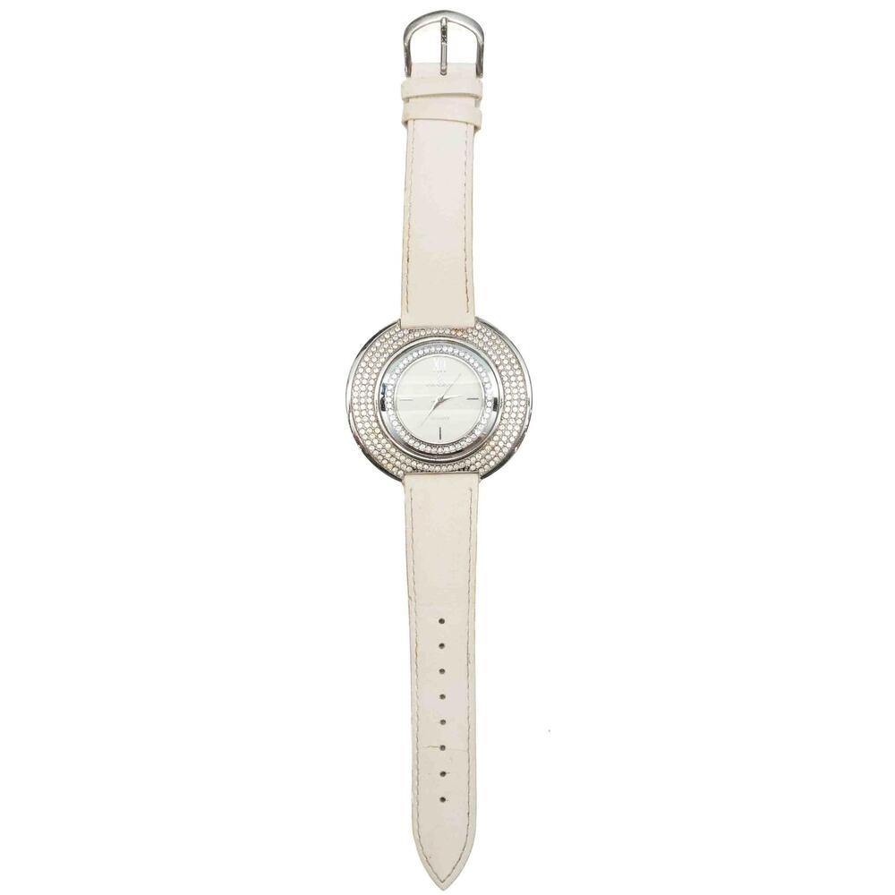 Peugeot Couture Crystal Accented White Leather Band Curved Case Watch